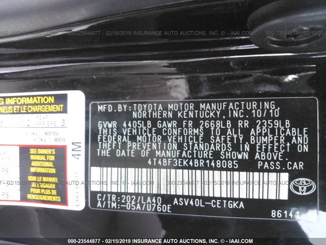 4T4BF3EK4BR148085 - 2011 TOYOTA CAMRY SE/LE/XLE 黑色 照片 9