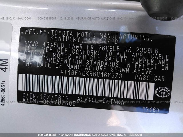 4T1BF3EK5BU166573 - 2011 TOYOTA CAMRY SE/LE/XLE 银色 照片 9