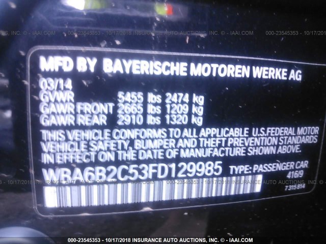 WBA6B2C53FD129985 - 2015 BMW 650 I/GRAN COUPE GRAY photo 9