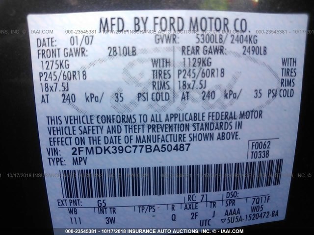 2FMDK39C77BA50487 - 2007 FORD EDGE SEL PLUS GRAY photo 9