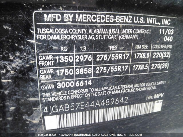 4JGAB57E44A489642 - 2004 MERCEDES-BENZ ML 350 BLACK photo 9