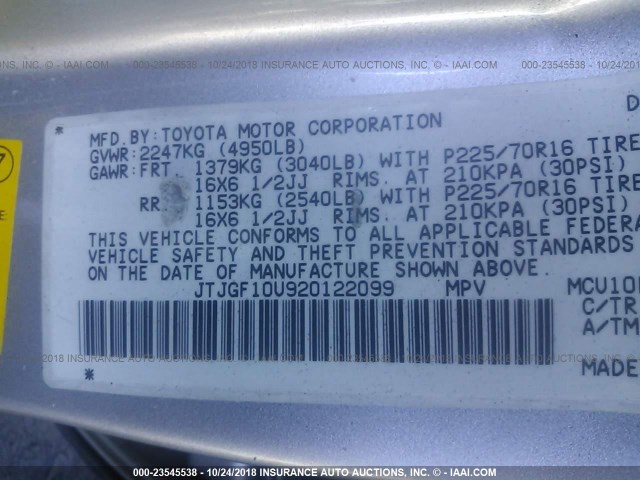 JTJGF10U920122099 - 2002 LEXUS RX 300 SILVER photo 9