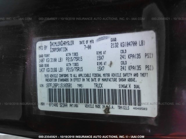 1B7FL26P11S103581 - 2001 DODGE DAKOTA PURPLE photo 9