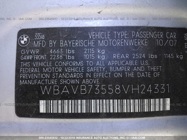 WBAVB73558VH24331 - 2008 BMW 335 SILVER photo 9