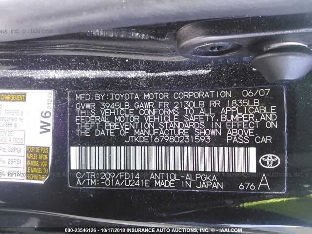 JTKDE167980231593 - 2008 TOYOTA SCION TC შავი ფოტო 9