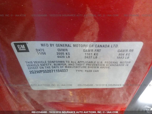2G2WP552871184037 - 2007 PONTIAC GRAND PRIX RED photo 9