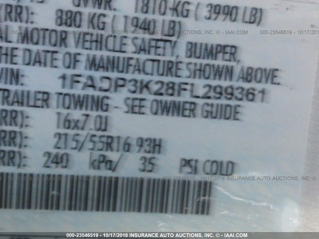 1FADP3K28FL299361 - 2015 FORD FOCUS SE SILVER photo 9