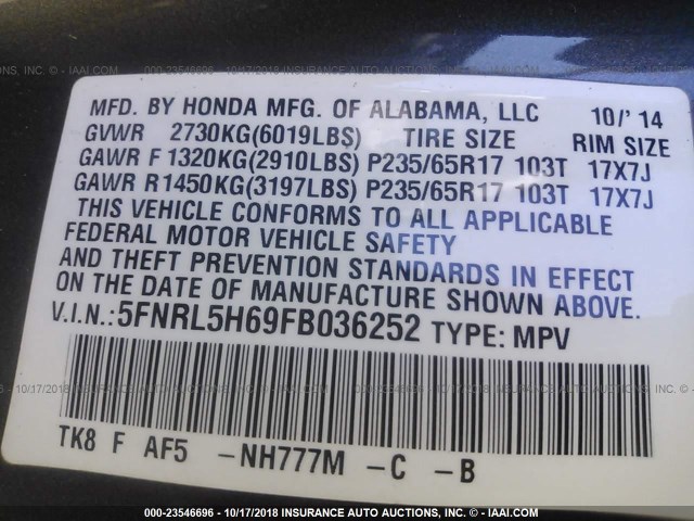 5FNRL5H69FB036252 - 2015 HONDA ODYSSEY EXL GRAY photo 9