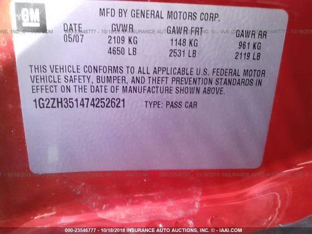 1G2ZH351474252621 - 2007 PONTIAC G6 GT RED photo 9