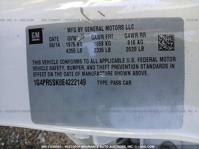 1G4PR5SK8E4222149 - 2014 BUICK VERANO CONVENIENCE WHITE photo 9