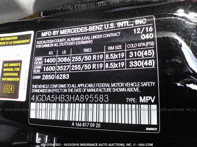 4JGDA5HB3HA895583 - 2017 MERCEDES-BENZ GLE 350 4MATIC BLACK photo 9