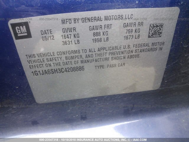 1G1JA6SH3C4208886 - 2012 CHEVROLET SONIC LS 蓝色 照片 9