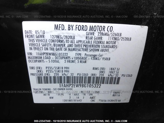 1FAHP2EW9BG105322 - 2011 FORD TAURUS SEL BLACK photo 9