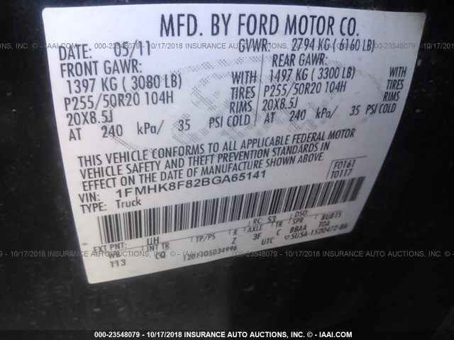 1FMHK8F82BGA65141 - 2011 FORD EXPLORER LIMITED BLACK photo 9