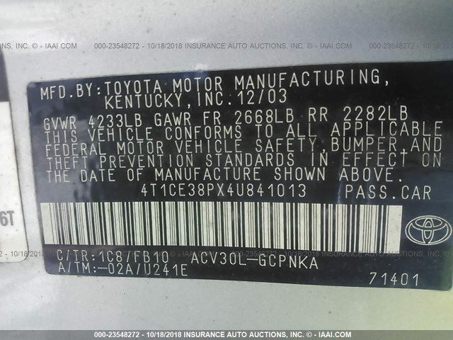 4T1CE38PX4U841013 - 2004 TOYOTA CAMRY SOLARA SE/SLE SILVER photo 9