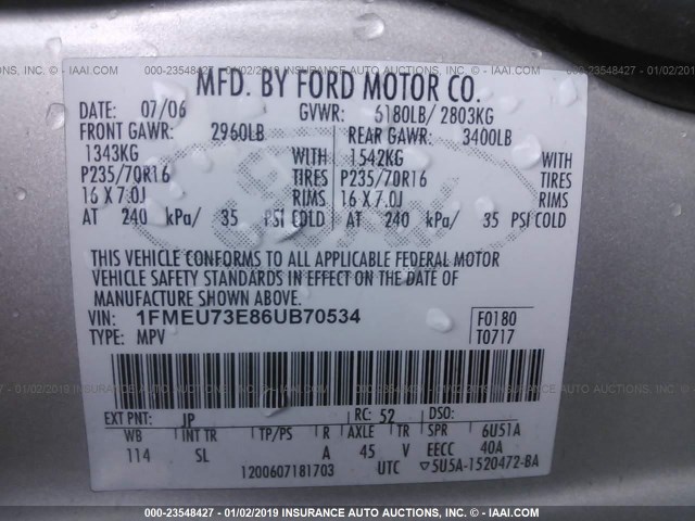 1FMEU73E86UB70534 - 2006 FORD EXPLORER XLT SILVER photo 9