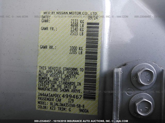 1N4AA5AP0EC499467 - 2014 NISSAN MAXIMA S/SV SILVER photo 9