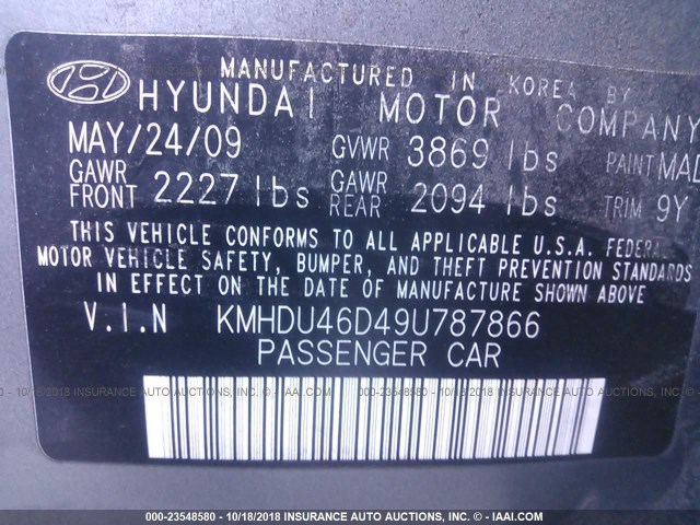 KMHDU46D49U787866 - 2009 HYUNDAI ELANTRA GLS/SE GRAY photo 9