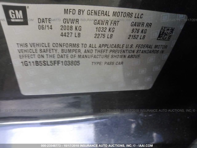 1G11B5SL5FF103805 - 2015 CHEVROLET MALIBU LS 灰色 照片 9