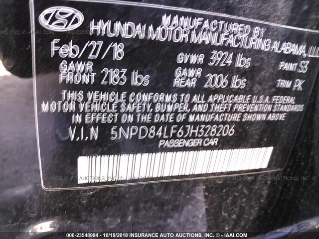 5NPD84LF6JH328206 - 2018 HYUNDAI ELANTRA SEL/VALUE/LIMITED BLACK photo 9