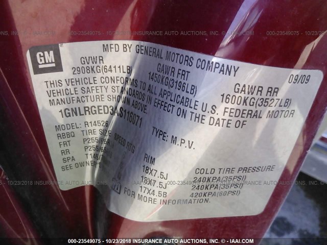 1GNLRGED3AS116071 - 2010 CHEVROLET TRAVERSE LT RED photo 9