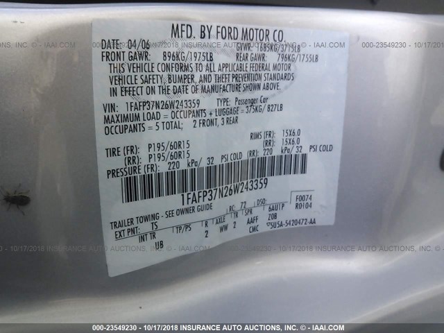 1FAFP37N26W243359 - 2006 FORD FOCUS ZX5 SILVER photo 9