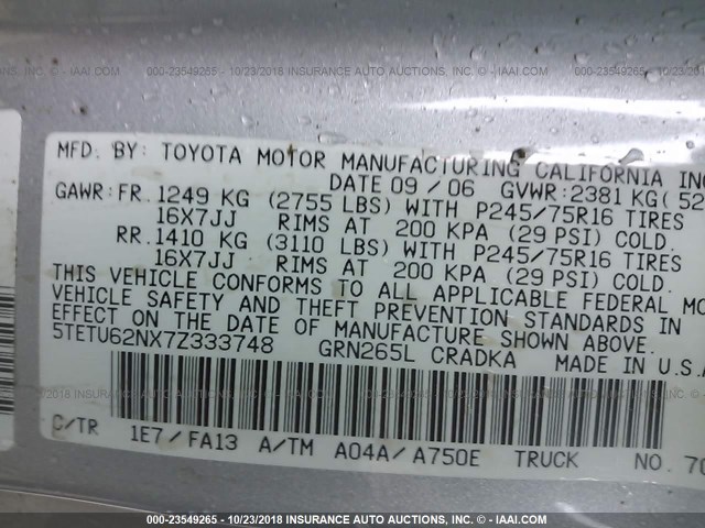 5TETU62NX7Z333748 - 2007 TOYOTA TACOMA PRERUNNER ACCESS CAB SILVER photo 9