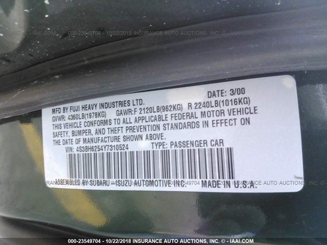 4S3BH6254Y7310524 - 2000 SUBARU LEGACY BRIGHTON GREEN photo 9