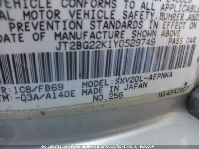 JT2BG22K1Y0529749 - 2000 TOYOTA CAMRY CE/LE/XLE 银色 照片 9