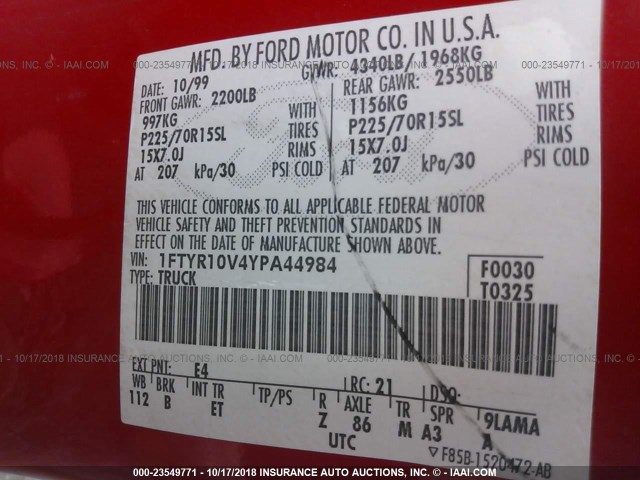 1FTYR10V4YPA44984 - 2000 FORD RANGER RED photo 9