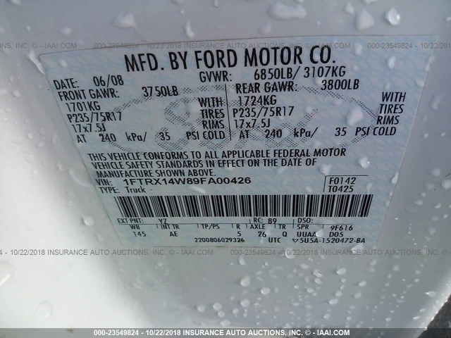 1FTRX14W89FA00426 - 2009 FORD F150 SUPER CAB WHITE photo 9