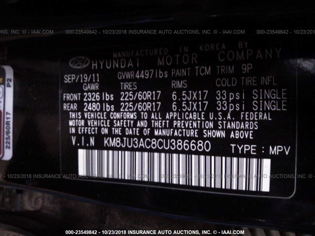 KM8JU3AC8CU386680 - 2012 HYUNDAI TUCSON GLS/LIMITED 黑色 照片 9