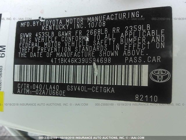 4T1BK46K39U594698 - 2009 TOYOTA CAMRY SE/LE/XLE 白色 照片 9
