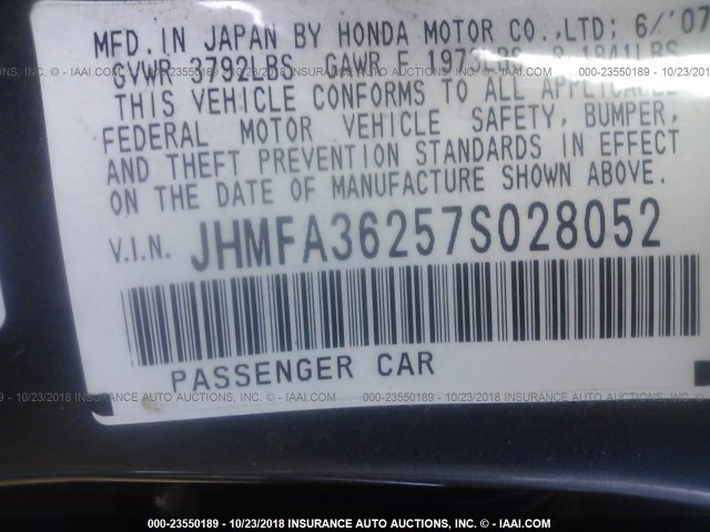 JHMFA36257S028052 - 2007 HONDA CIVIC HYBRID GRAY photo 9