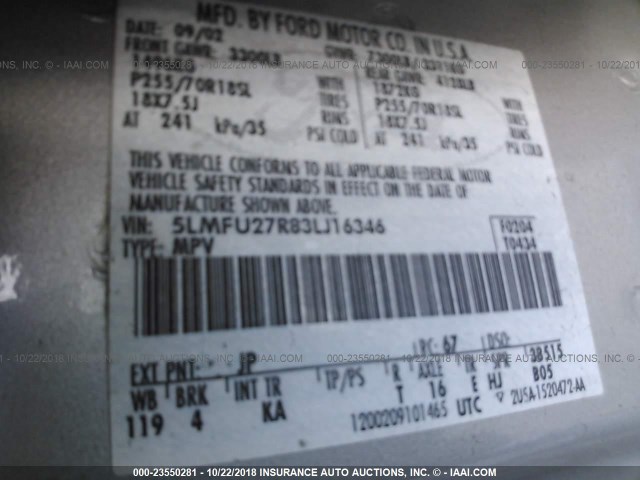 5LMFU27R83LJ16346 - 2003 LINCOLN NAVIGATOR 银色 照片 9