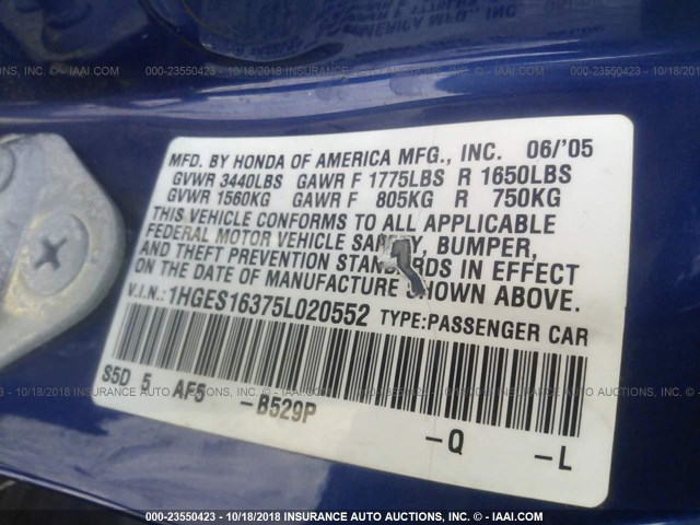 1HGES16375L020552 - 2005 HONDA CIVIC DX VP BLUE photo 9