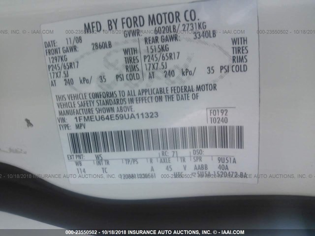 1FMEU64E59UA11323 - 2009 FORD EXPLORER EDDIE BAUER WHITE photo 9