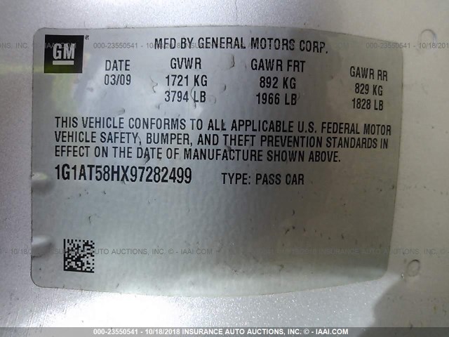 1G1AT58HX97282499 - 2009 CHEVROLET COBALT LT SILVER photo 9