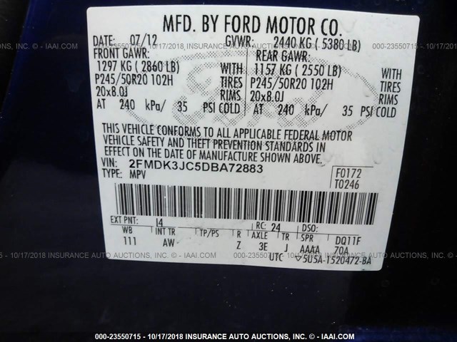 2FMDK3JC5DBA72883 - 2013 FORD EDGE SEL BLUE photo 9