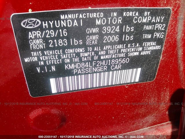 KMHD84LF2HU189560 - 2017 HYUNDAI ELANTRA SE/VALUE/LIMITED RED photo 9