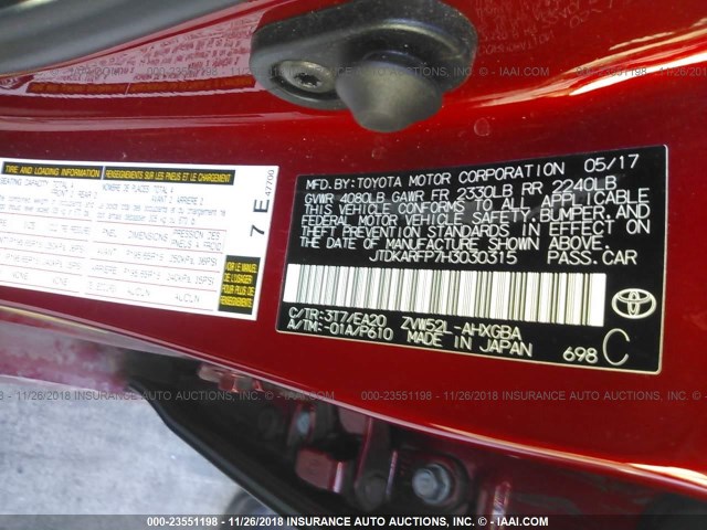 JTDKARFP7H3030315 - 2017 TOYOTA PRIUS PRIME  红色 照片 9