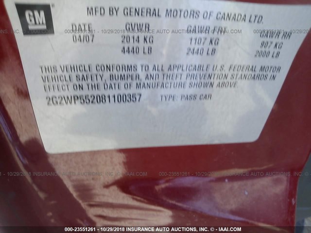 2G2WP552081100357 - 2008 PONTIAC GRAND PRIX RED photo 9