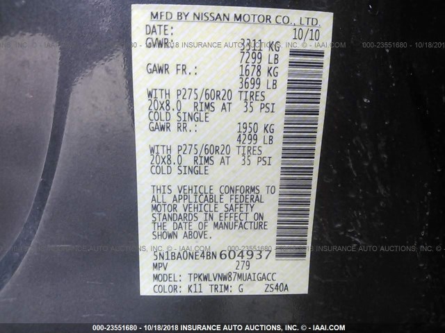 5N1BA0NE4BN604937 - 2011 NISSAN ARMADA PLATINUM SILVER photo 9