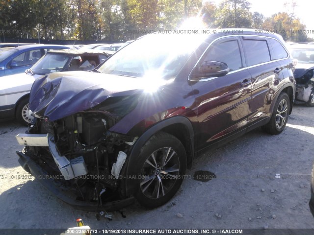 5TDJKRFH2GS337566 - 2016 TOYOTA HIGHLANDER XLE MAROON photo 2