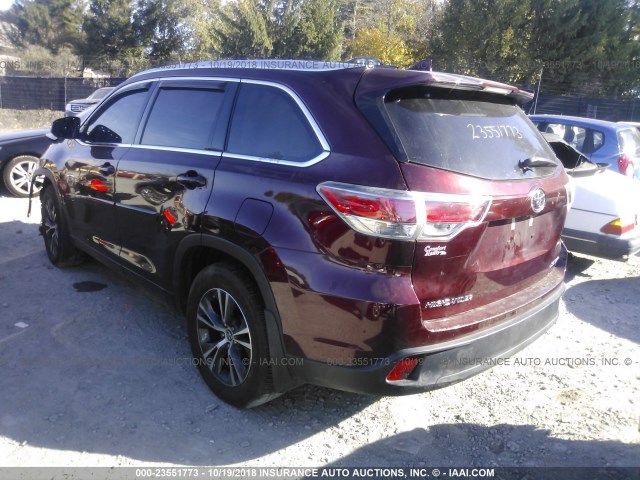 5TDJKRFH2GS337566 - 2016 TOYOTA HIGHLANDER XLE MAROON photo 3