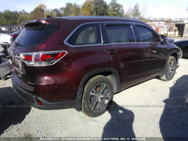 5TDJKRFH2GS337566 - 2016 TOYOTA HIGHLANDER XLE MAROON photo 4