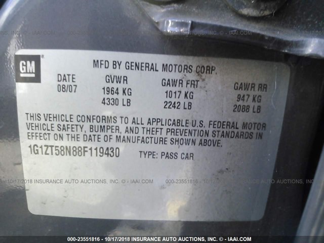 1G1ZT58N88F119430 - 2008 CHEVROLET MALIBU LT/CLASSIC GRAY photo 9