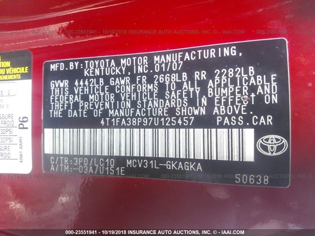 4T1FA38P97U125457 - 2007 TOYOTA CAMRY SOLARA SE/SLE Qırmızı foto 9