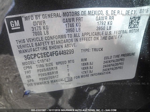 3GCPCSEC4FG449299 - 2015 CHEVROLET SILVERADO C1500 LTZ GRAY photo 9