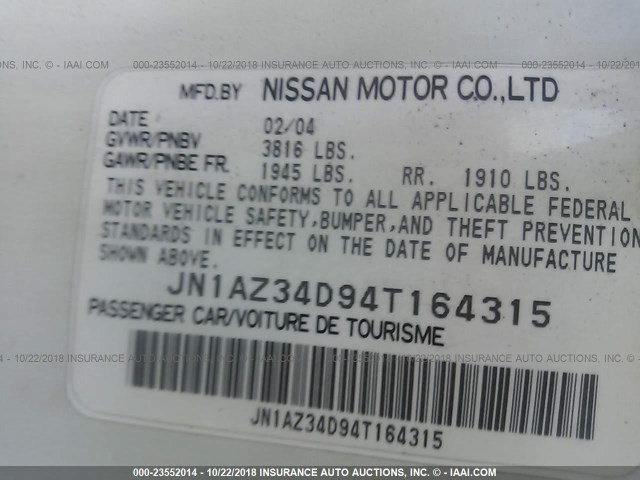 JN1AZ34D94T164315 - 2004 NISSAN 350Z COUPE WHITE photo 9